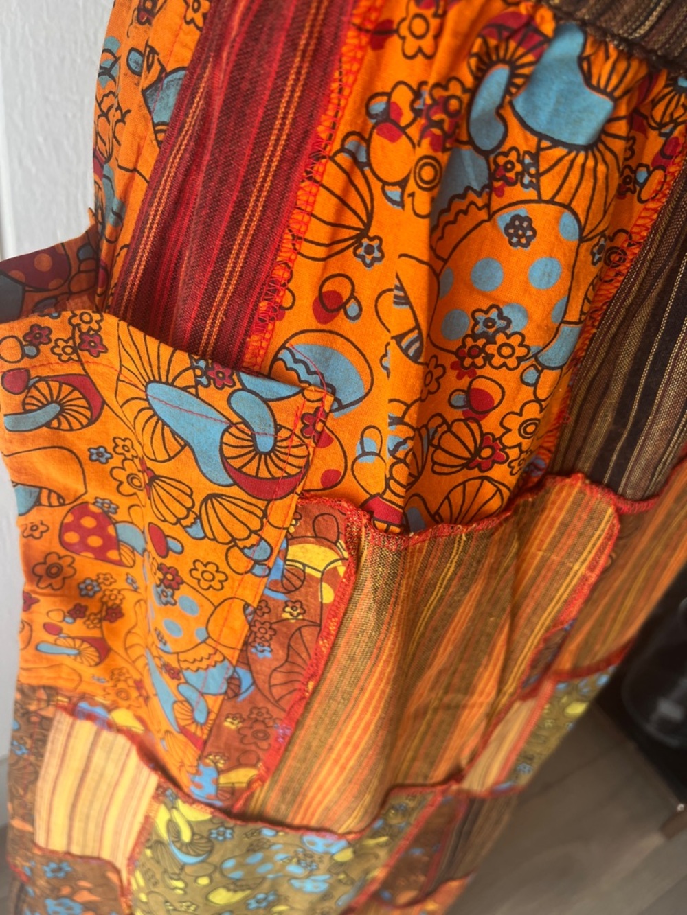 Bohemian Patchwork Wide-Leg Pants - Multi Orange With Mushroom Prints - Picture 3 of 4